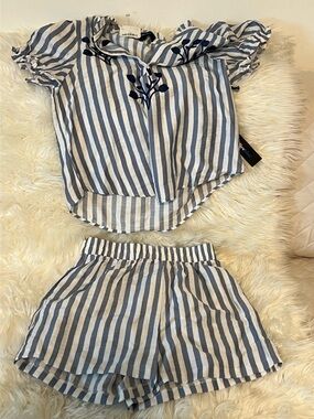 Alice Blue Blue & White Striped Top with Navy Floral Embroidery